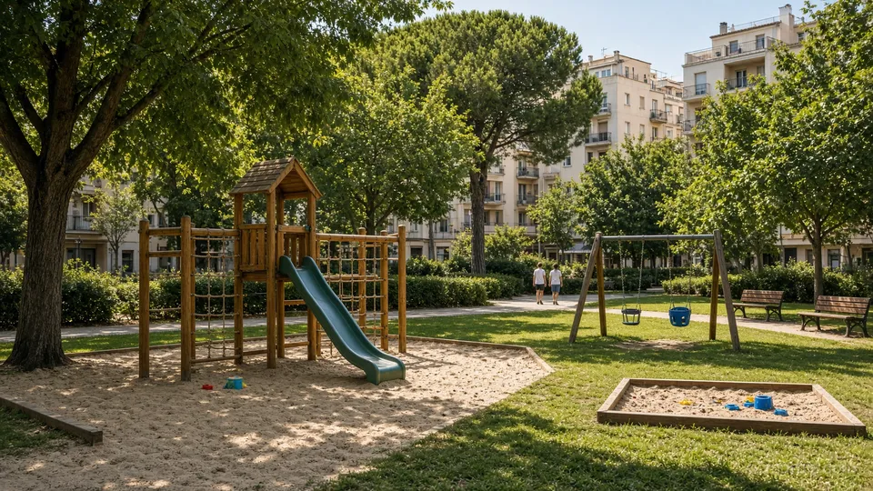 Children's playground with a slide and a sandpit under trees in a city park