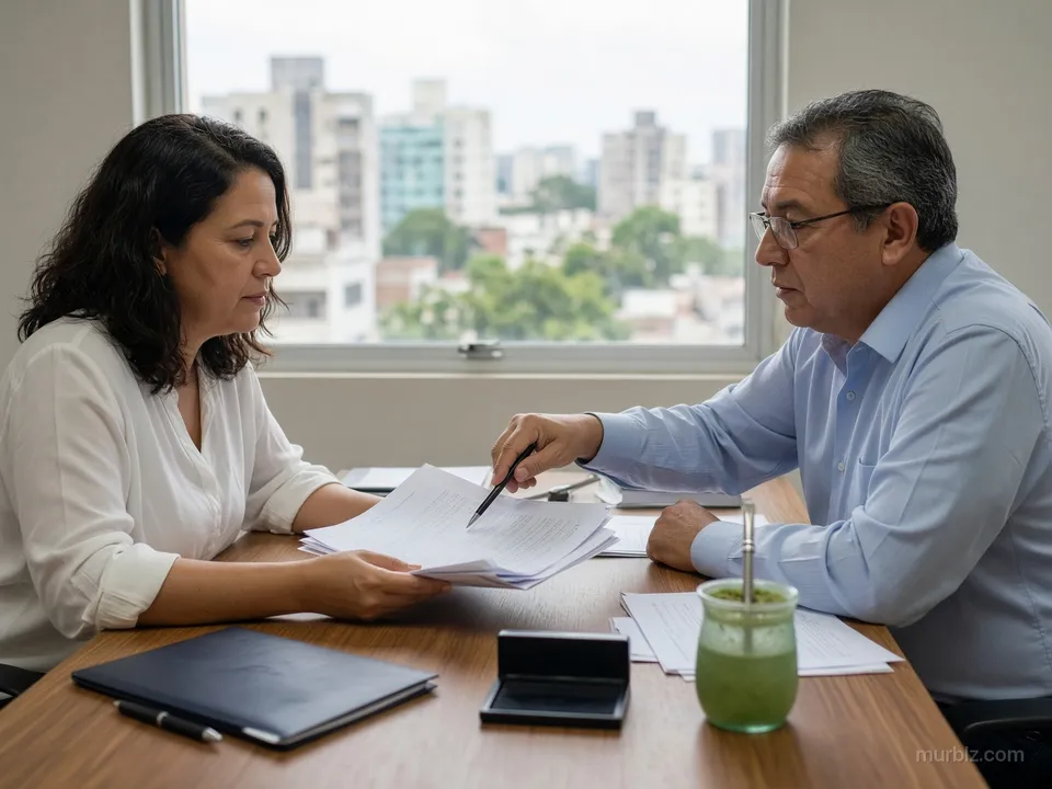 Brazilian businesswoman reviews company registration documents with a Paraguayan accountant in an office in Asunción