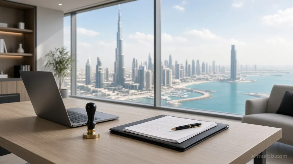 An office desk with a laptop, a company seal and documents by a window over the Dubai skyline and the sea
