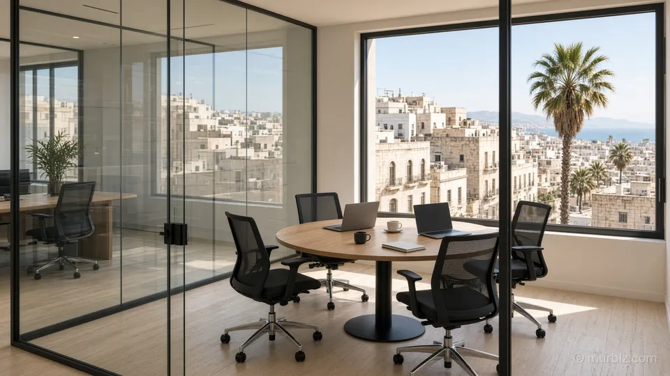 A glass meeting room with a round table and laptops in a sunny Mediterranean city