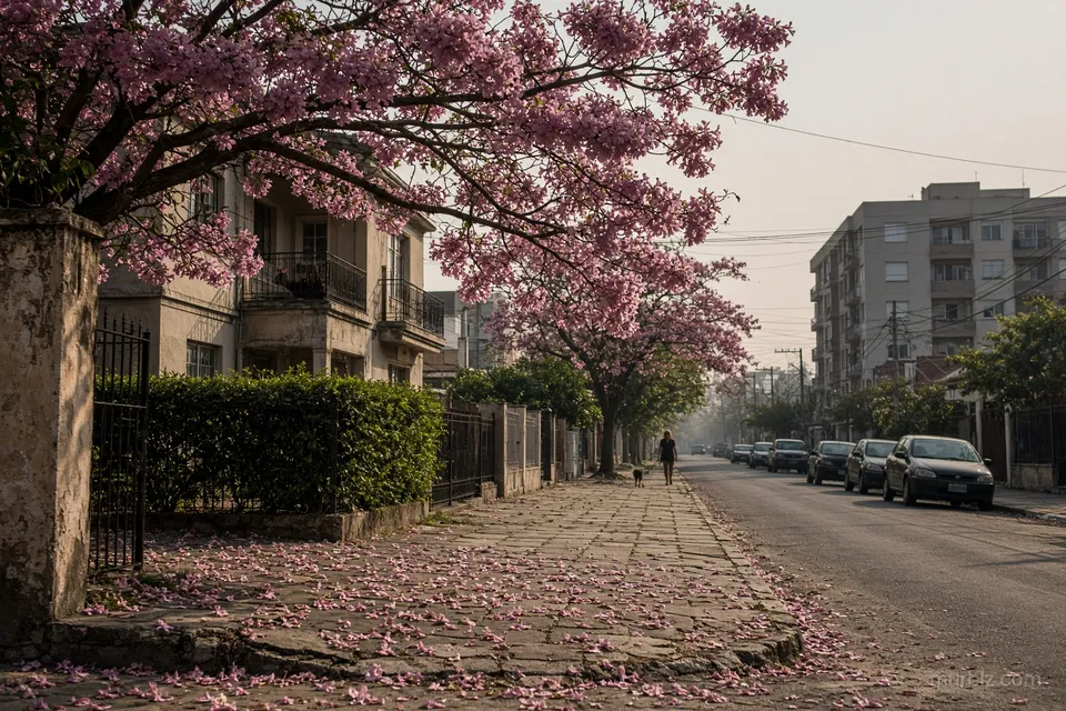 Rua residencial com lapachos floridos, casas atrás de grades e um prédio baixo em Assunção