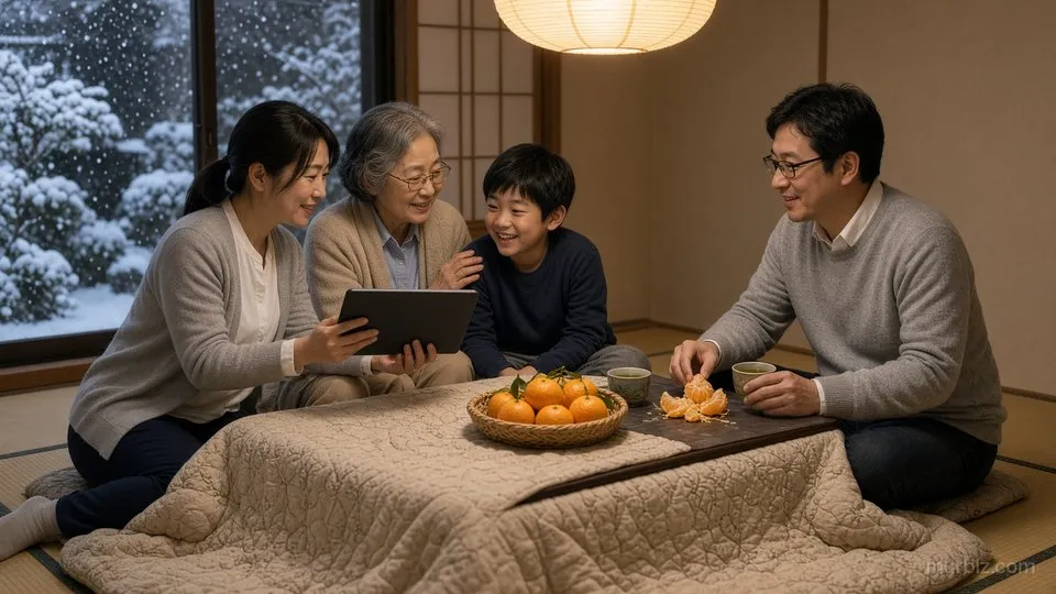 雪の夜、和室のこたつを囲む家族。美咲さんが持つタブレットを眼鏡の久美子さんと陽翔くんがのぞき込み、拓也さんがむいたみかんを前にほほえんでいる
