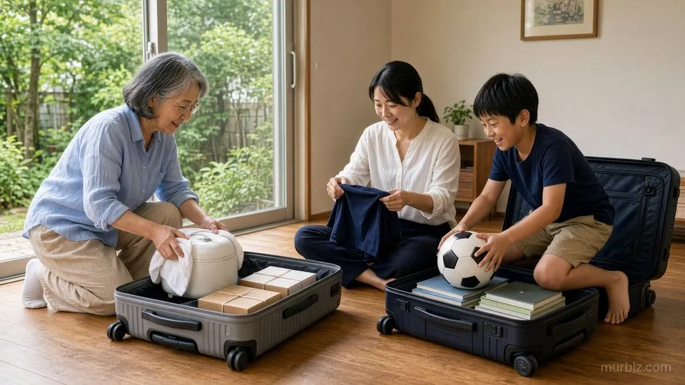夏の日の居間で、スーツケースに荷物を詰める3人。久美子さんは炊飯器と菓子の箱を、陽翔くんはサッカーボールと教科書を入れ、美咲さんは服をたたんでいる