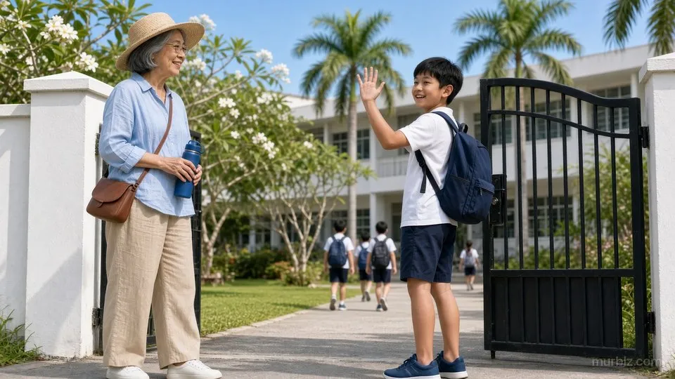 白い塀とヤシの木に囲まれた学校の門の前で、白いポロシャツの制服を着た陽翔くんが手を振り、麦わら帽子の久美子さんが水筒を持って見送っている