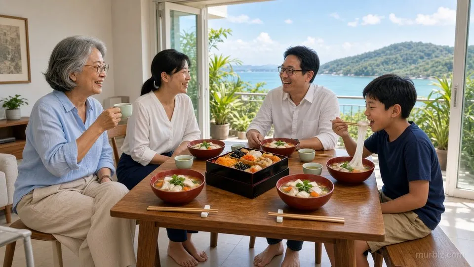 海が見えるコンドミニアムの居間で、4人がお雑煮とおせちの重箱を囲んでいる。陽翔くんが餅を箸で伸ばし、みんなが笑っている