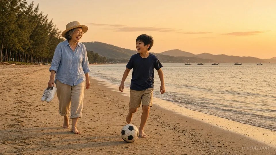 夕日の浜辺で、陽翔くんが裸足でサッカーボールを蹴り、麦わら帽子の久美子さんがスニーカーを手に持って笑いながら歩いている