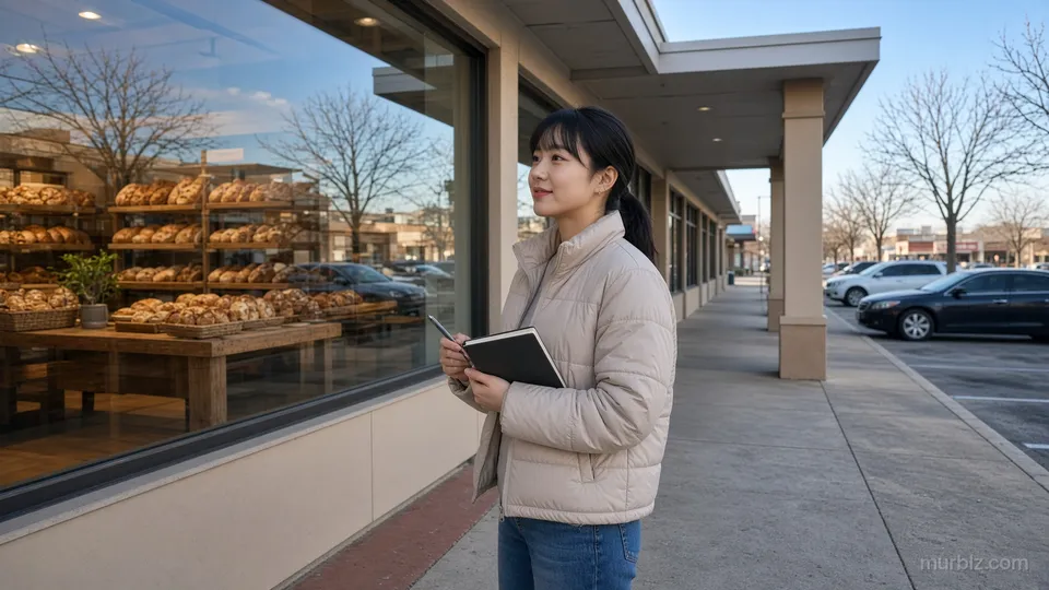 2월의 맑은 아침, 정다은 씨가 노트를 들고 낮은 상가 건물에 있는 베이커리 카페 앞에 서 있습니다
