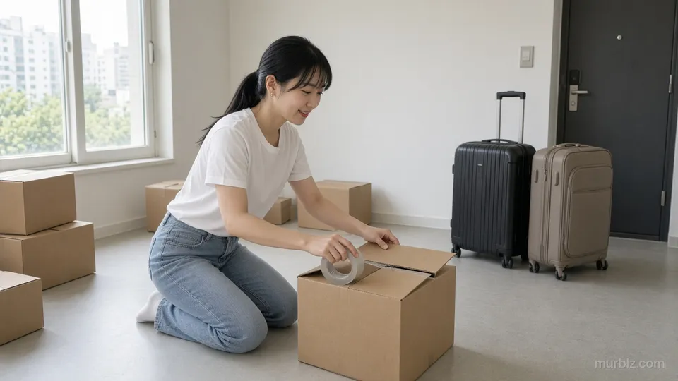 6월의 서울, 정다은 씨가 짐이 빠진 원룸에서 이삿짐 상자를 테이프로 봉하고 있습니다