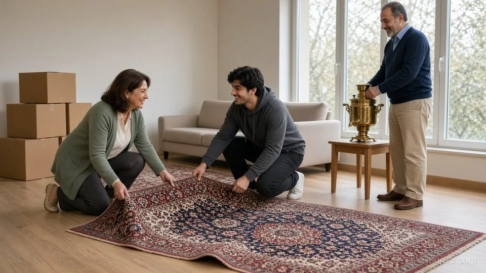 میترا و آرش فرش ایرانی را روی زمین آپارتمان تازه پهن می‌کنند و فرهاد سماور برنجی را روی میز کوچکی کنار پنجره می‌گذارد؛ کنار دیوار کارتن‌های اسباب‌کشی است