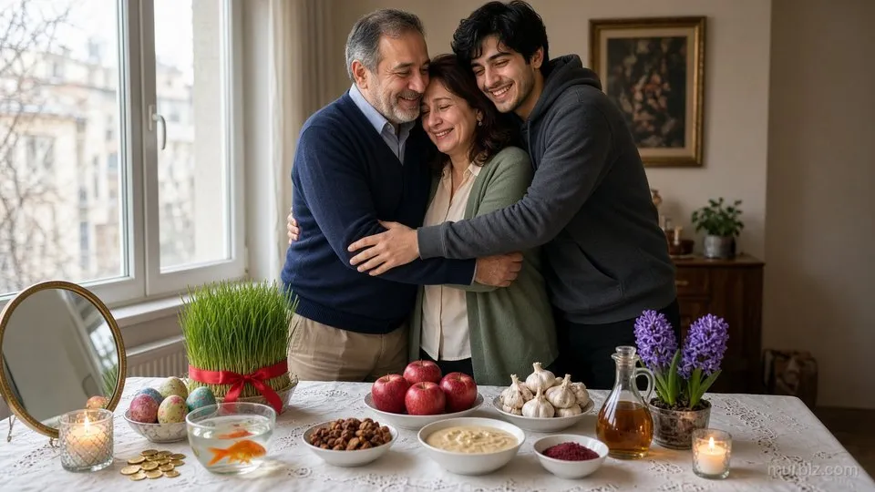 فرهاد، میترا و آرش کنار سفره‌ی هفت‌سین همدیگر را در آغوش گرفته‌اند؛ روی سفره سبزه با روبان قرمز، سیب، سیر، سمنو، سنجد، سماق، سرکه، سنبل، آینه، تخم‌مرغ‌های رنگی، سکه و تنگ ماهی قرمز است