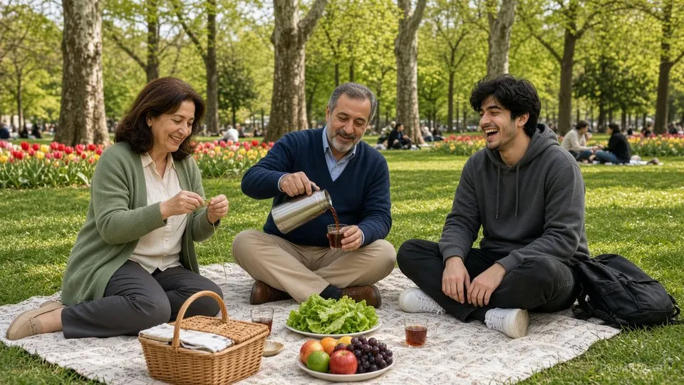 میترا روی زیراندازی سفید در پارک چند ساقه‌ی سبزه را گره می‌زند، فرهاد از فلاسک چای می‌ریزد و آرش می‌خندد؛ کنارشان سبد پیک‌نیک، کاهو و میوه است و پشت سرشان باغچه‌های لاله