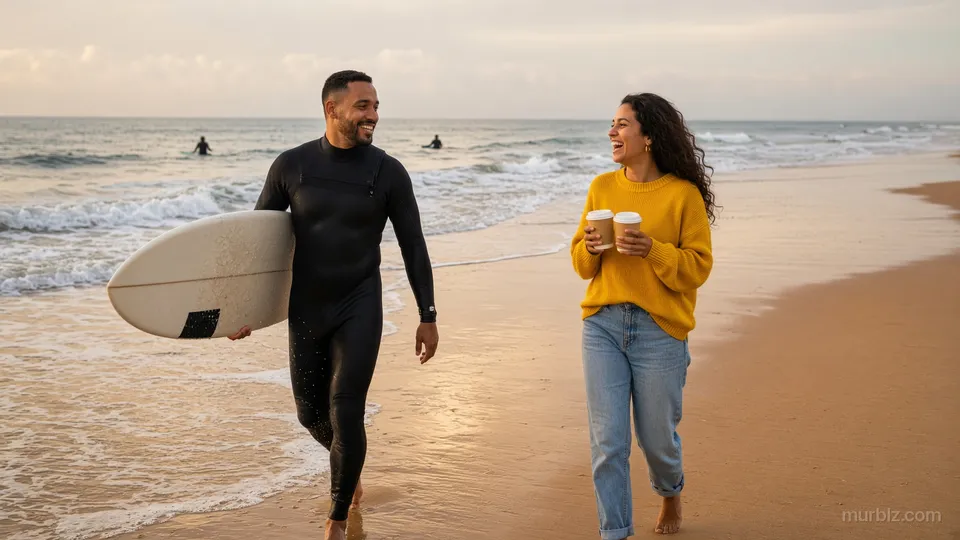 Rafael sai do mar com a prancha de surfe e Camila espera na areia com dois cafés numa manhã de outono
