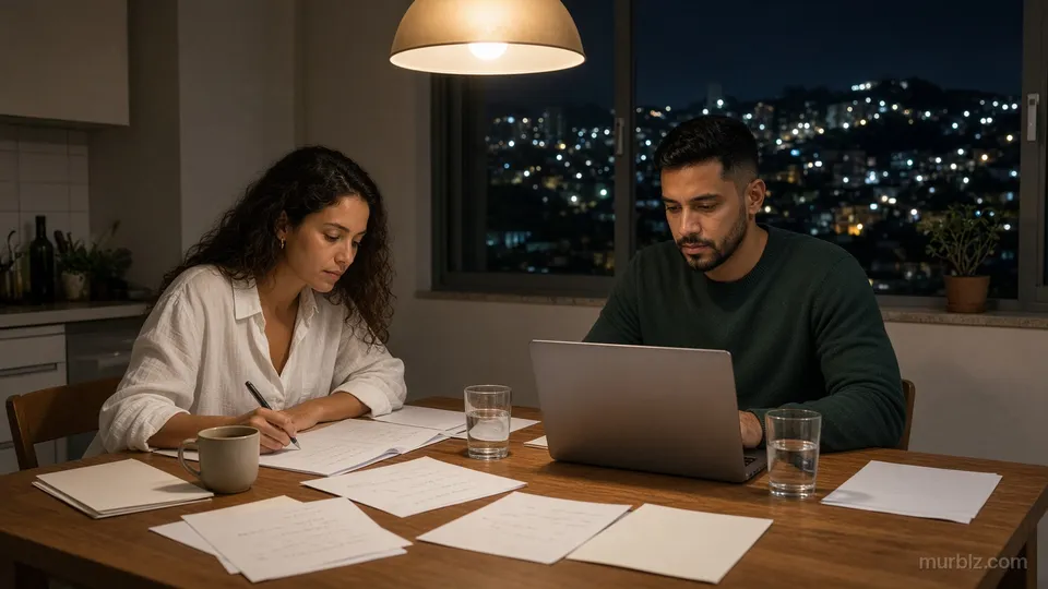 Camila e Rafael à mesa da cozinha à noite com pastas de documentos e um notebook voltado para Rafael