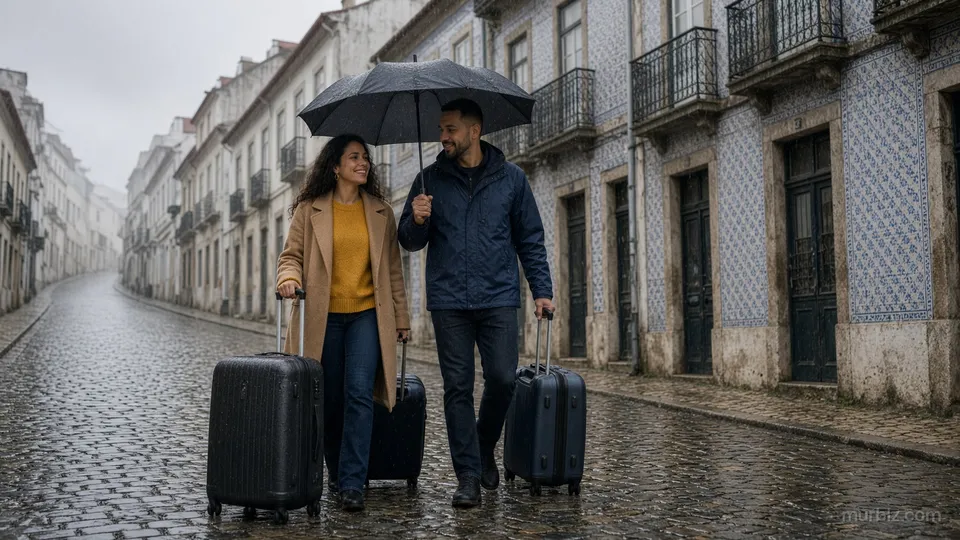 Camila e Rafael com malas e um guarda-chuva numa rua de pedra molhada com fachadas de azulejo no Porto