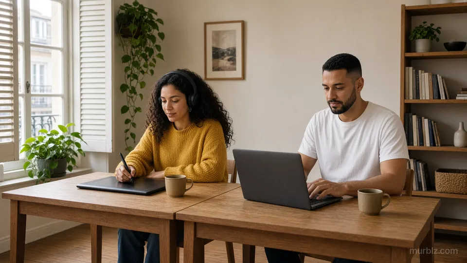 Camila desenha numa mesa digitalizadora e Rafael trabalha no notebook, em duas mesas junto a uma janela alta