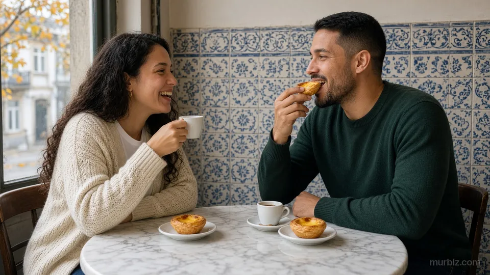 Camila e Rafael numa mesa de mármore de um café pequeno com pastéis de nata e duas xícaras de café