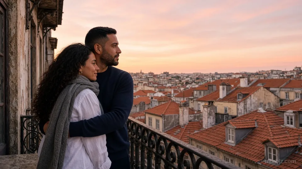 Camila e Rafael abraçados na varanda ao entardecer, olhando os telhados alaranjados do bairro