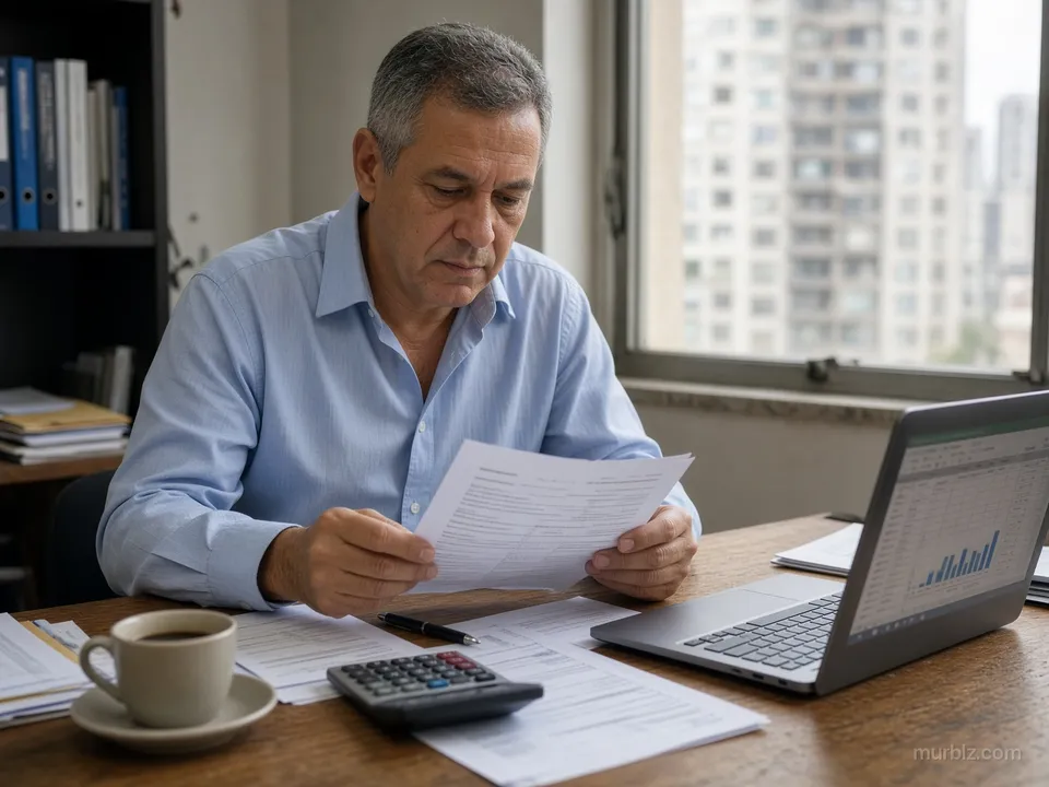 Business owner in a blue shirt checks a profit report with a calculator and a laptop in an office in São Paulo