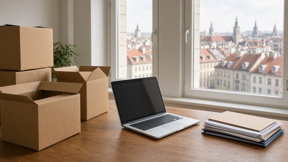 Moving boxes, a laptop and folders by a window over the rooftops of a German city