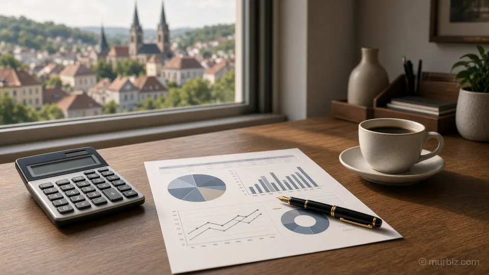 A desk with a calculator, a pen and an annual statement by a window over a green European town