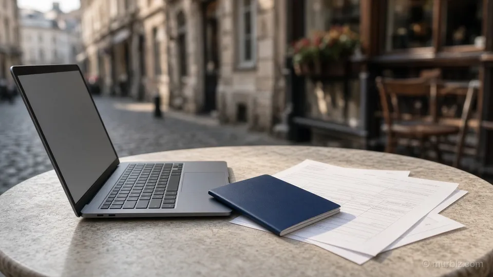 A laptop, a passport and tax forms on a café table in a European old town