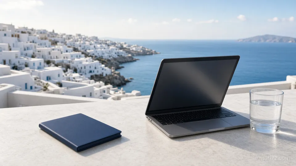 A dark blue passport, a laptop and a glass of water on a white stone terrace above the sea and whitewashed houses of a Greek island