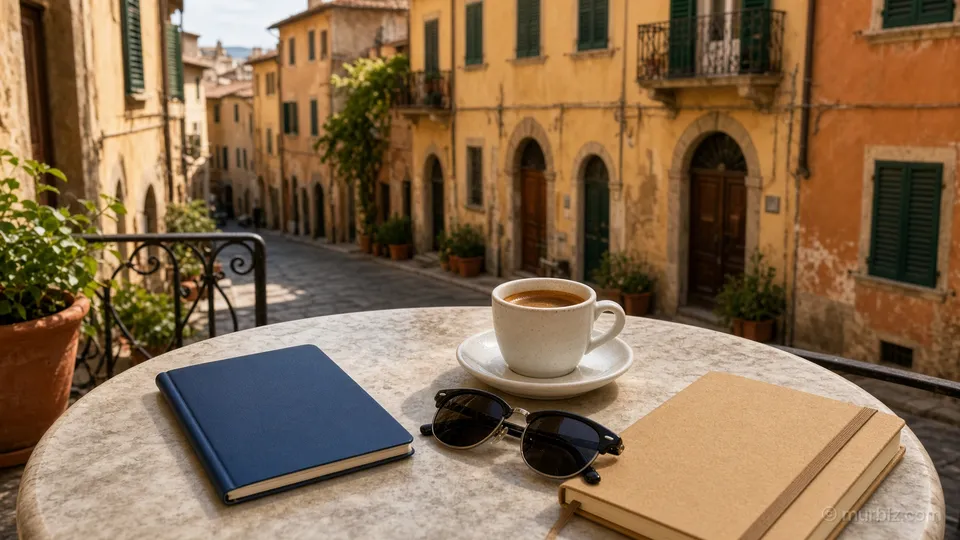 A cafe table on a sunny terrace with a dark blue passport, an espresso, sunglasses and a notebook in an Italian old town