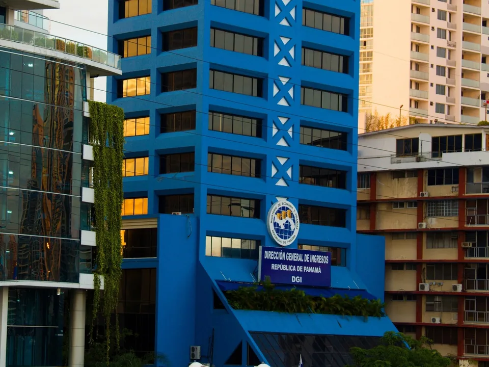 The blue building of the Directorate General of Revenue in Panama City