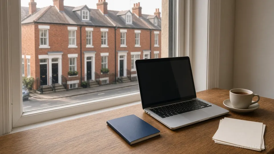 A desk with a laptop, a dark blue passport and a cup of tea by a window overlooking red-brick terraced houses