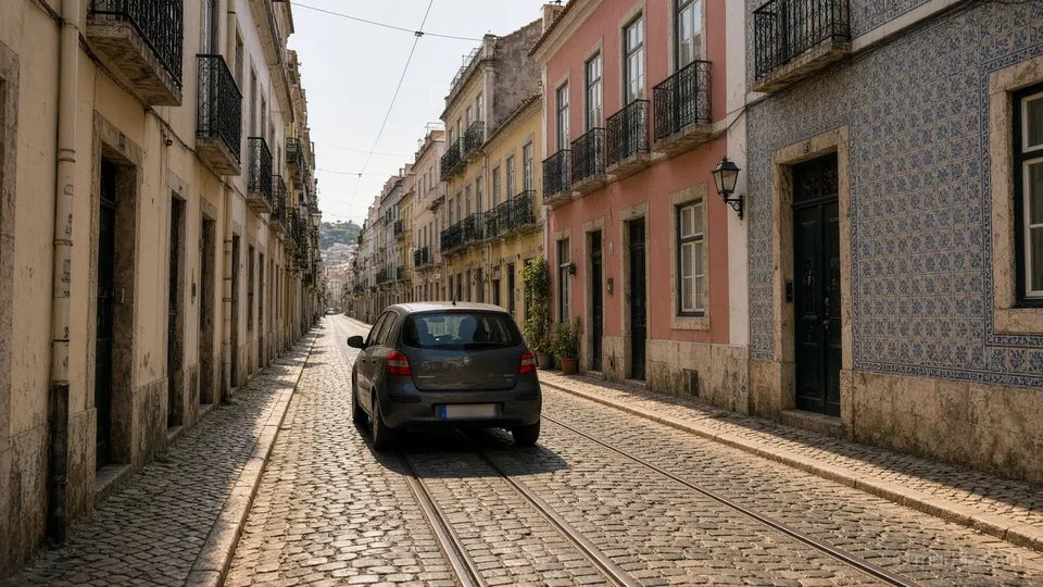 Carro numa rua de paralelepípedos com trilhos de bonde em Lisboa