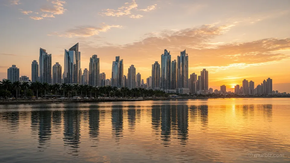 The Panama City business district on the bay at sunset
