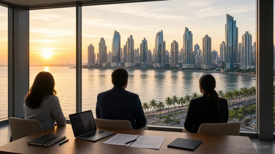 A meeting in an office overlooking Panama City, people seen from behind