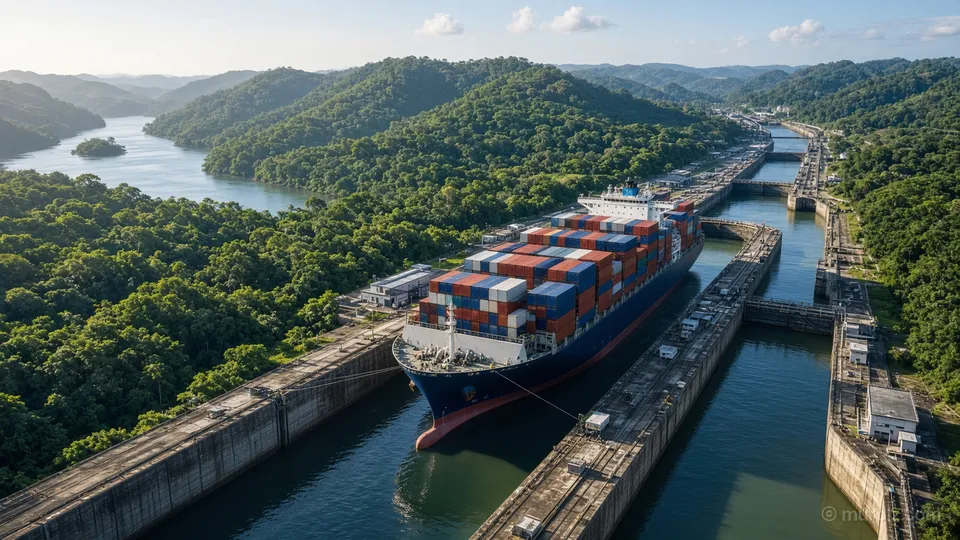 A container ship in the Panama Canal locks, aerial view