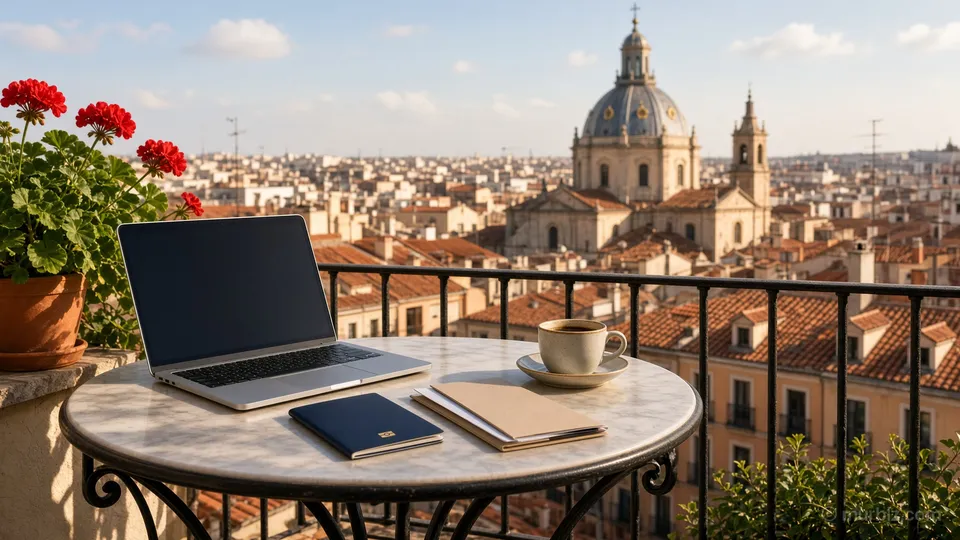 A laptop, a passport and a folder on a marble table on a Madrid balcony with red geraniums, rooftops and a domed church