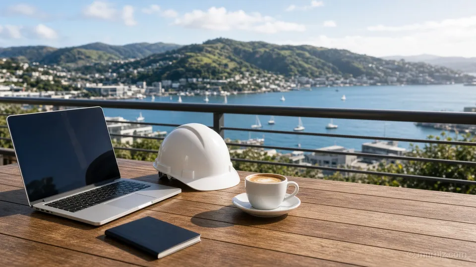 A laptop, a white hard hat and a coffee on a balcony table overlooking Wellington harbour