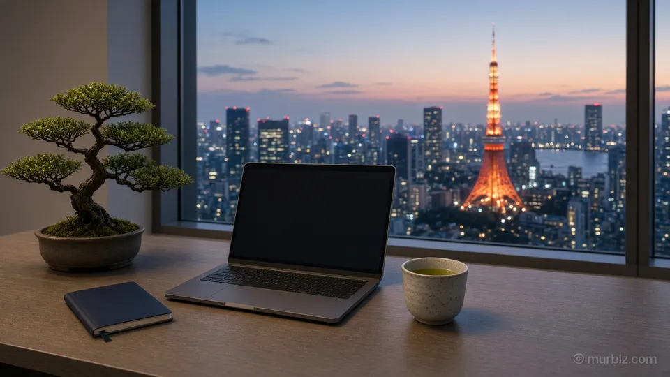 A laptop, a closed passport, a bonsai and a cup of green tea on a desk by a window with Tokyo Tower lit up at dusk