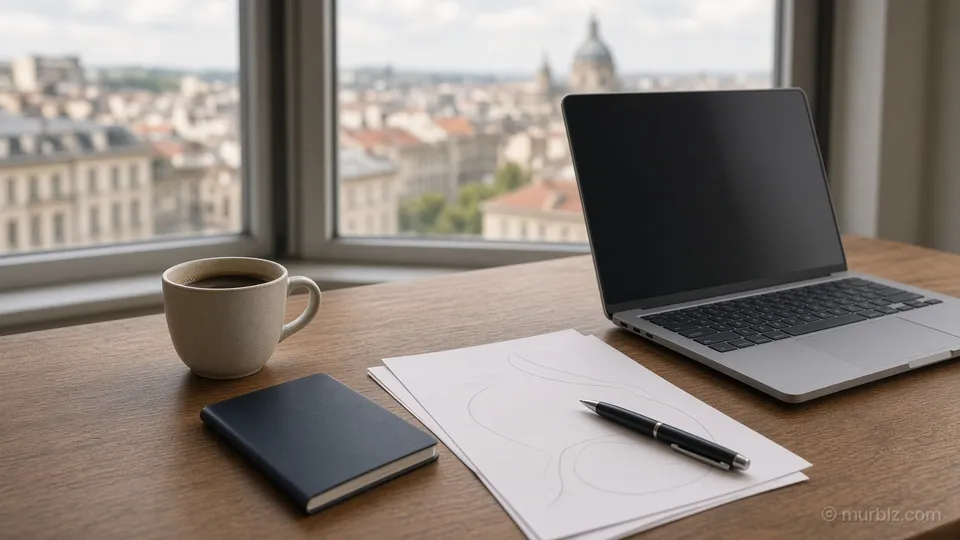 Laptop, passport and papers on a desk by a window over a European city