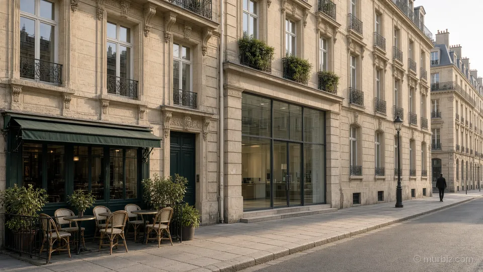 A quiet street with stone buildings and a cafe terrace in Paris