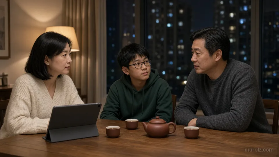 周岩、林静和子墨晚上坐在上海家里的餐桌旁商量,桌上有茶和一台朝向林静的平板电脑