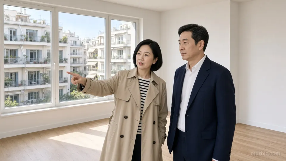 林静和周岩在一套刚翻新、空着的明亮公寓里看房,阳光从大窗户照进来