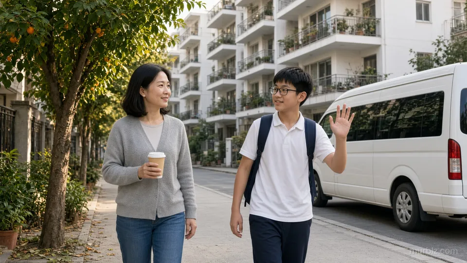 早晨的雅典街道上,背着书包的子墨在校车站挥手,林静站在他旁边