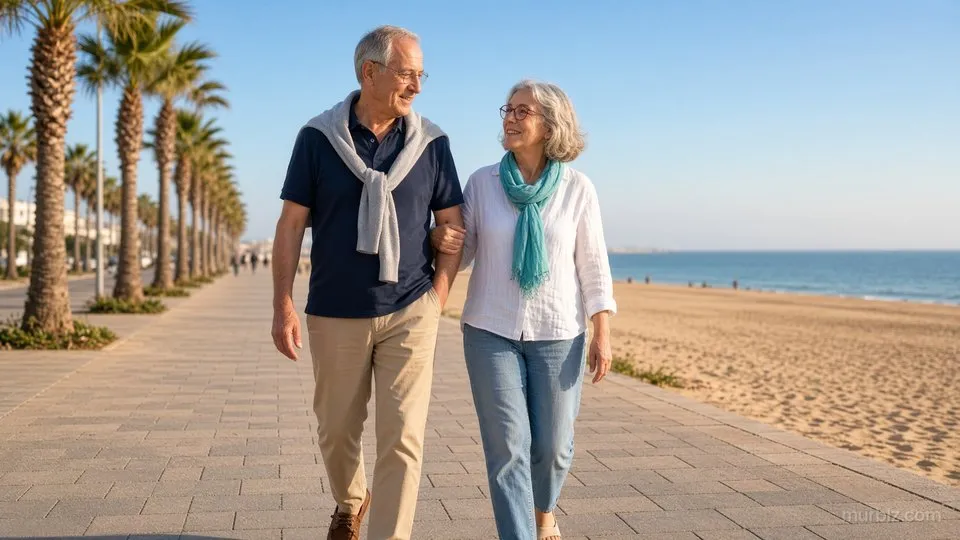 Philippe, un pull gris noué sur les épaules, et Sylvie, un foulard turquoise autour du cou, marchent bras dessus bras dessous sur une promenade bordée de palmiers, le long d'une grande plage de sable doré