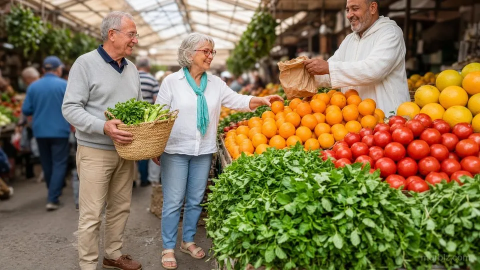 Au marché couvert, Sylvie choisit des oranges sur un étal de fruits et de légumes, Philippe porte un panier en osier rempli de légumes verts, et le marchand, en djellaba blanche, leur tend un sac en papier