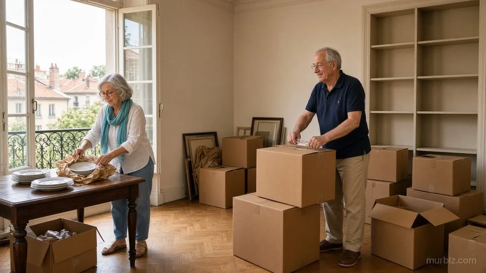 Dans le salon presque vide de leur appartement lyonnais, Sylvie emballe des assiettes dans du papier kraft près d'une fenêtre ouverte sur les toits, Philippe ferme un grand carton au ruban adhésif devant des étagères vides