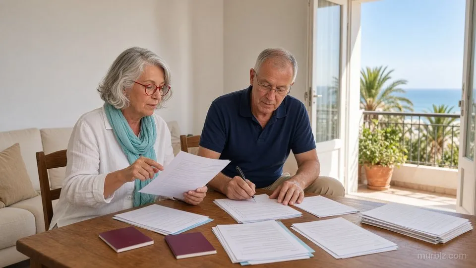 À la table de l'appartement loué, devant une porte-fenêtre ouverte sur l'océan et les palmiers, Sylvie relit une feuille et Philippe remplit un formulaire, leurs deux passeports posés parmi les dossiers