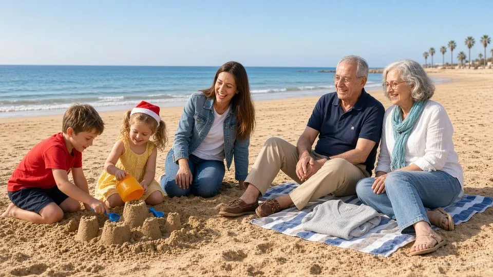 Sur une grande plage de sable, Léo en tee-shirt rouge et Jade en robe jaune, un bonnet de Père Noël sur la tête, construisent un château de sable ; leur mère Claire, en veste en jean, rit à genoux près d'eux, et Philippe et Sylvie sont assis sur une serviette rayée bleu et blanc, devant l'océan