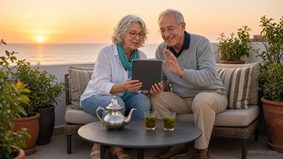 Au coucher du soleil, sur leur terrasse face à l'océan, Sylvie tient une tablette et Philippe, en pull gris, fait un signe de la main à l'écran ; une théière marocaine argentée et deux verres de thé à la menthe sont posés sur la table basse, entre des plantes en pots
