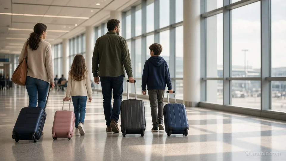 A family with two children walking with suitcases through a bright airport terminal