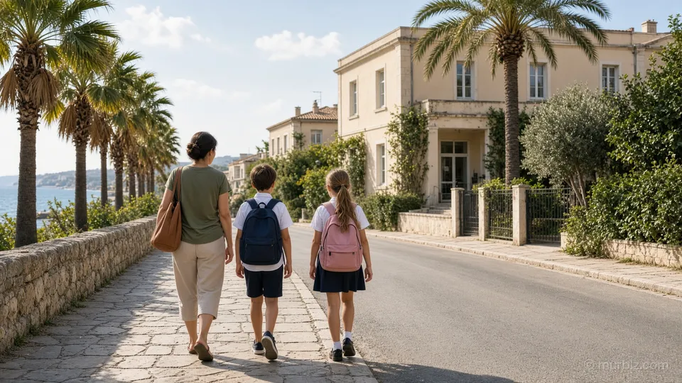 A mother and two children with backpacks walking to school along a sunny seaside street with palm trees