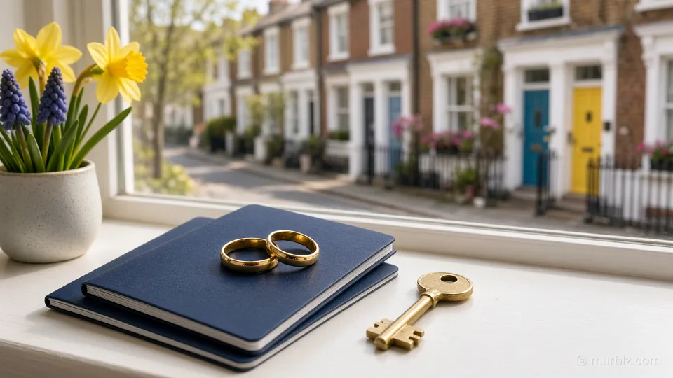 Two gold wedding rings on two closed passports and a house key on a windowsill, with a street of terraced houses outside